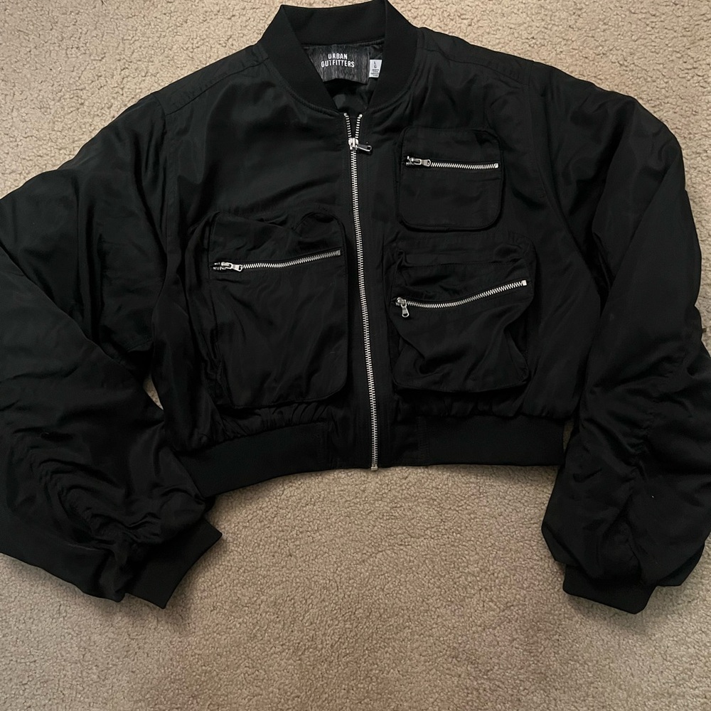 Urban Outfitters Black Bomber Jacket with Zippered Pockets